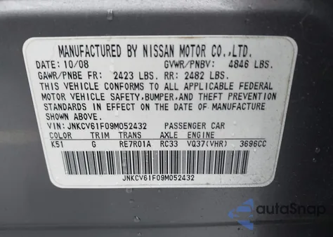 2009 Infiniti G37X from USA, damaged, VIN JNKCV61F09M052432